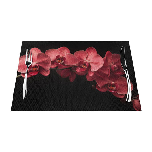 Pink Orchid Pattern Placemat with Black Background, Elegant Table Decor, Waterproof and Easy to Clean