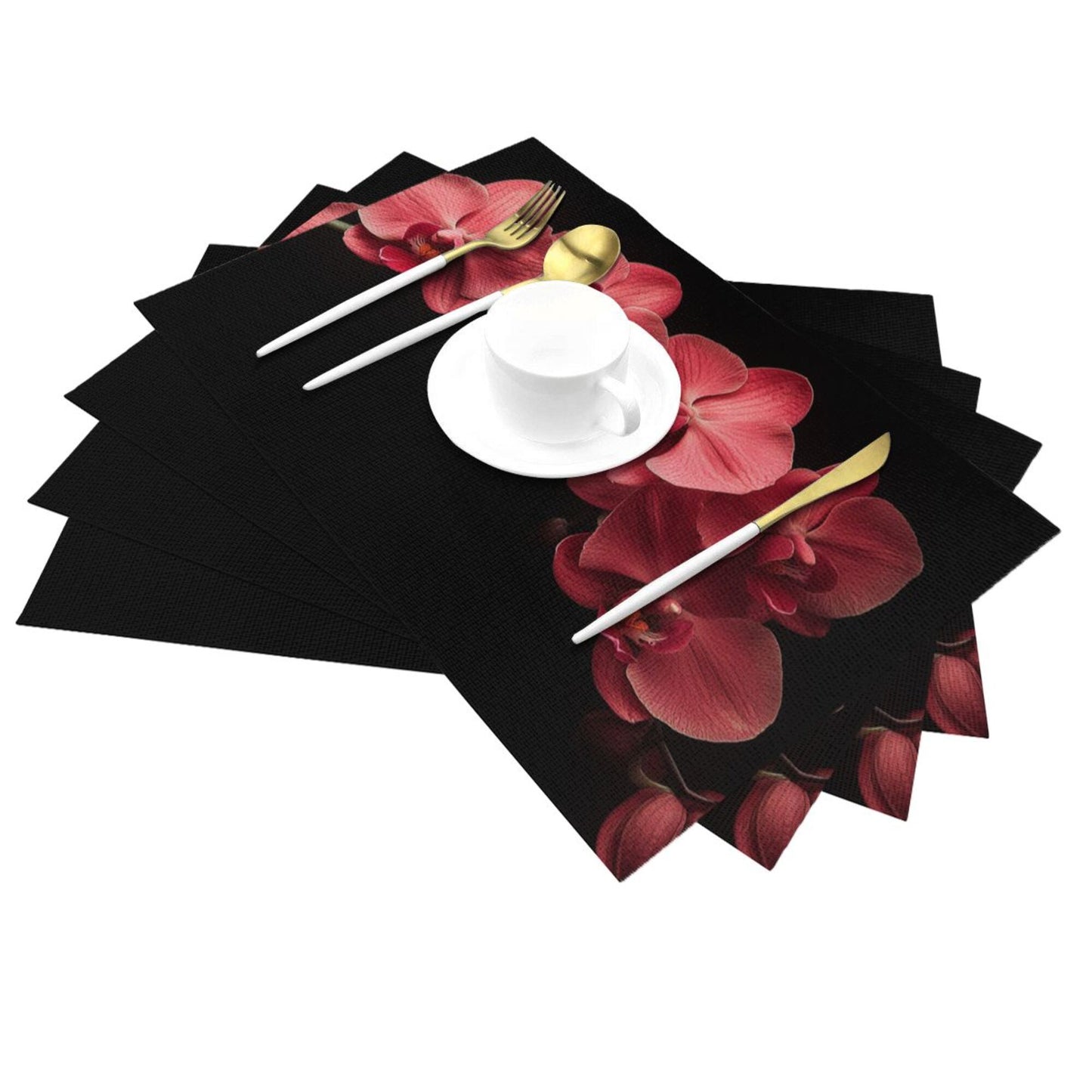 Pink Orchid Pattern Placemat with Black Background, Elegant Table Decor, Waterproof and Easy to Clean