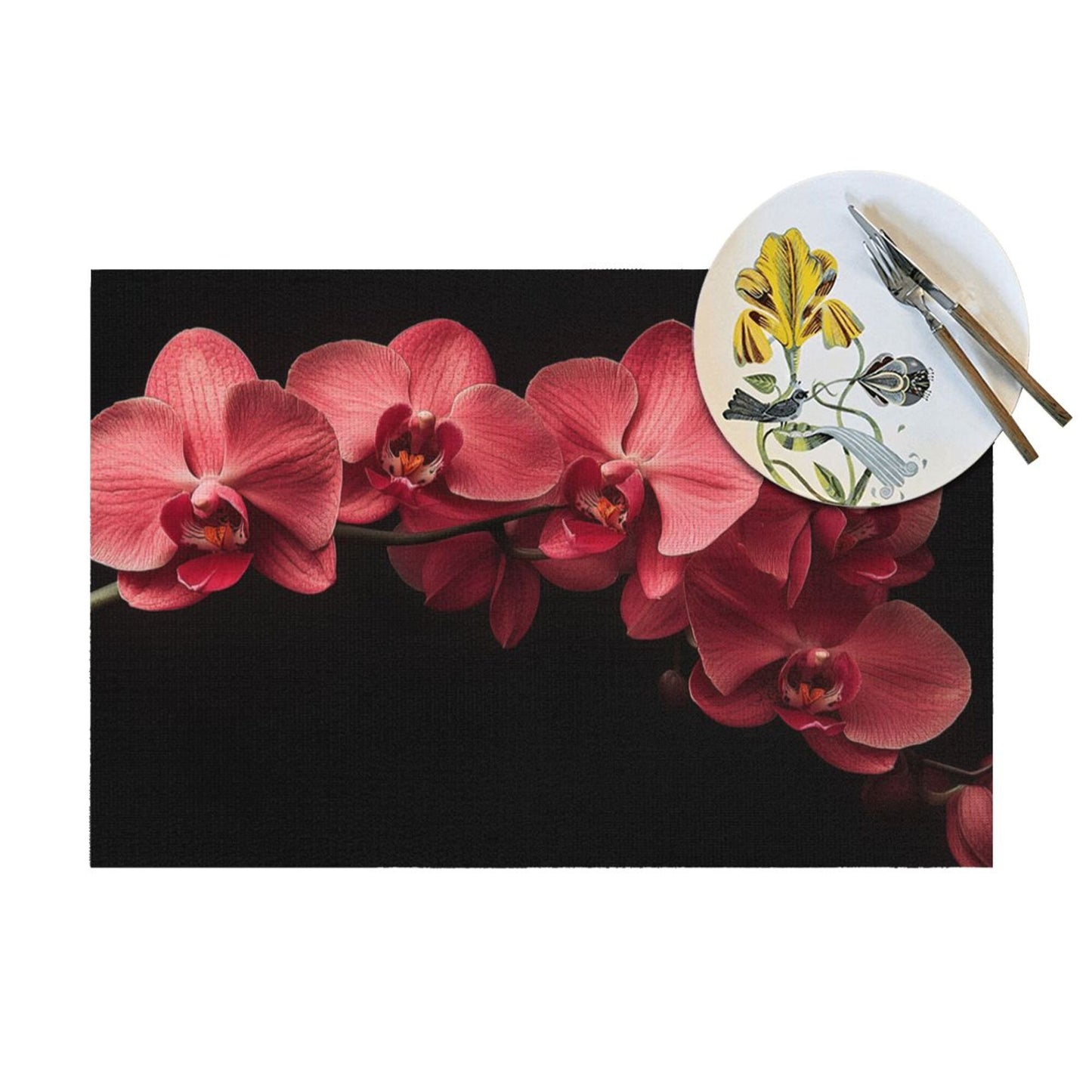 Pink Orchid Pattern Placemat with Black Background, Elegant Table Decor, Waterproof and Easy to Clean