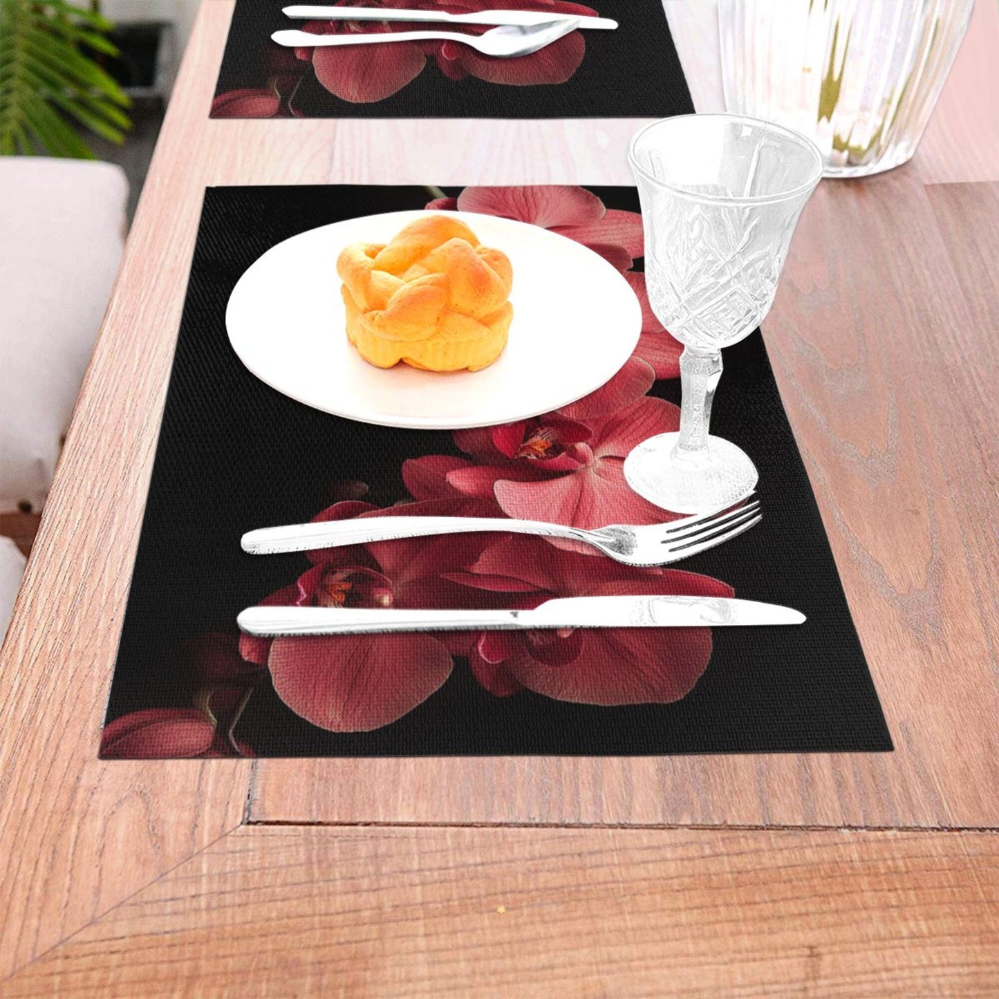 Pink Orchid Pattern Placemat with Black Background, Elegant Table Decor, Waterproof and Easy to Clean